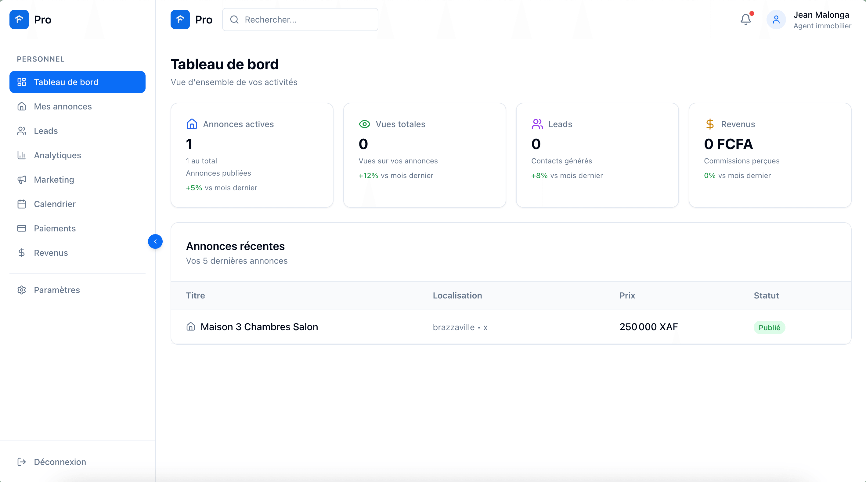Interface dashboard Fadala Pro